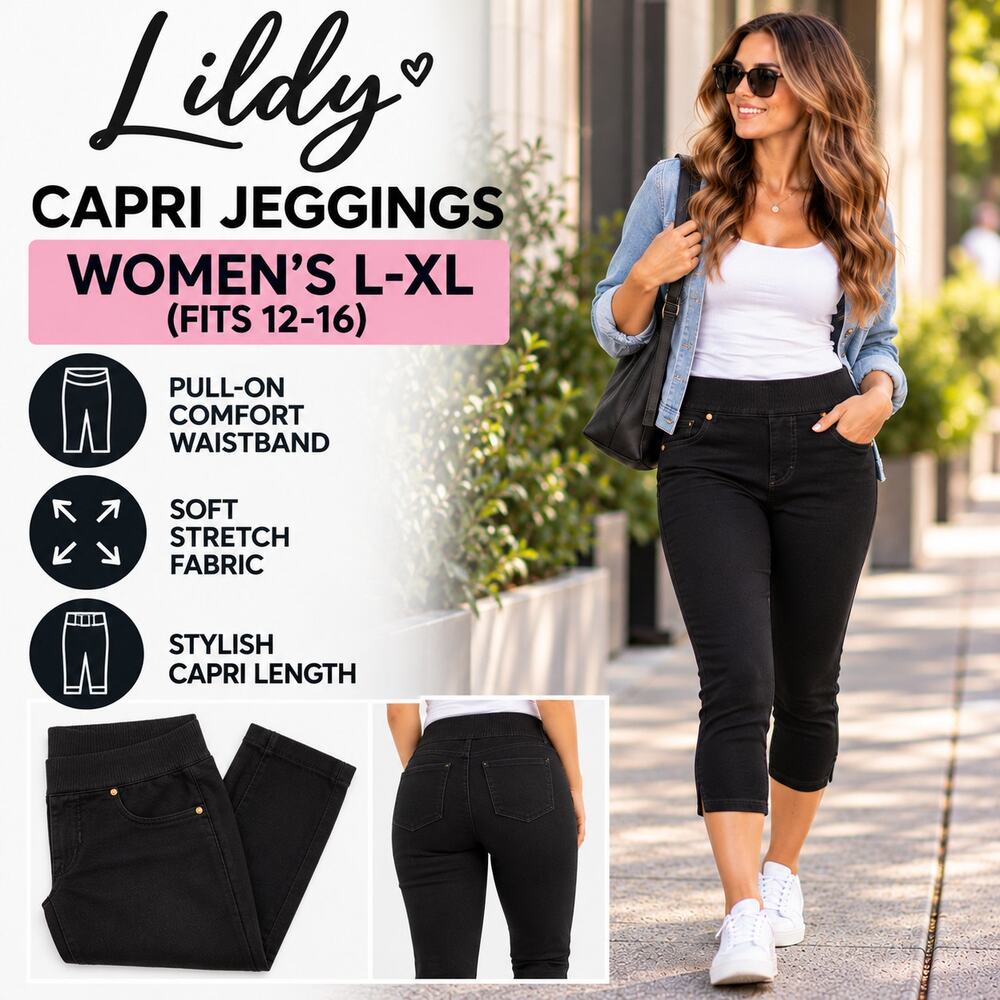 Lildy Capri Jean Jeggings Women's L-XL Black Pull On Stretch Denim Leggings